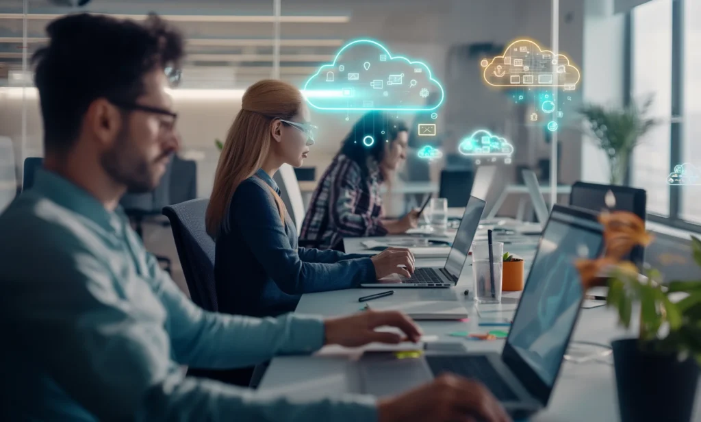 Equipo De Profesionales Que Trabajan En Portatiles Con Iconos De Computacion En La Nube Superpuestos En Una Oficina Moderna Scaled E1759458061657